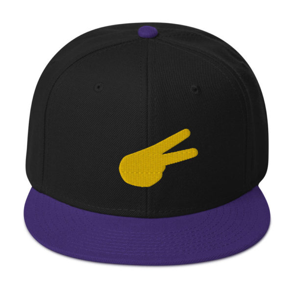 Dontrez Gold Solid Back Hand Peace Sign on Black and Purple Snapback Cap