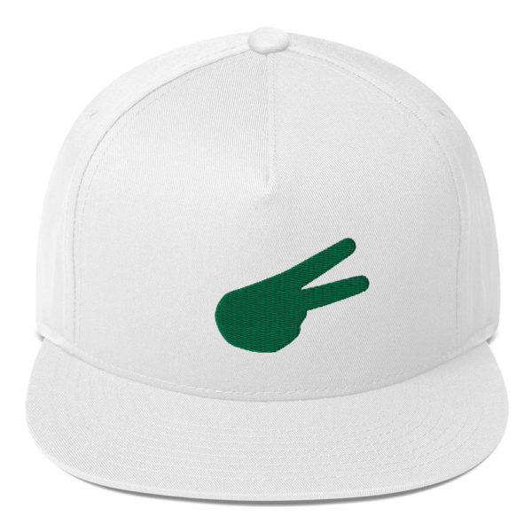 Dontrez Green Solid Back Hand Peace Sign on White Flat Bill Cap