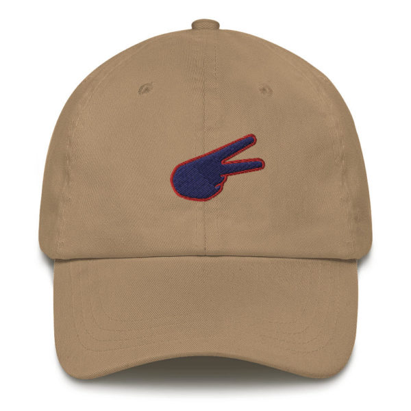 Dontrez Navy Back Hand Peace Sign Red Outline on Khaki Baseball Cap