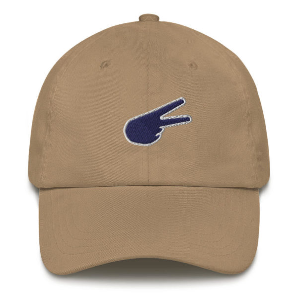 Dontrez Navy Back Hand Peace Sign White Outline on Khaki Baseball Cap