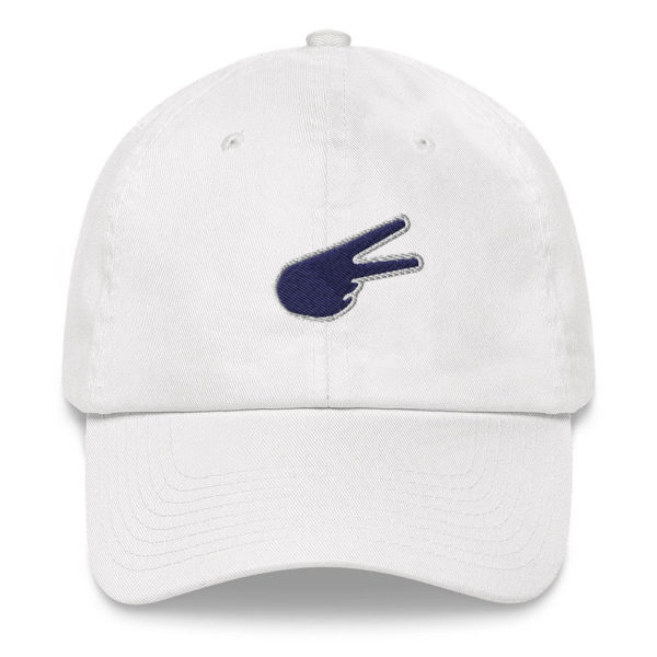 Dontrez Navy Back Hand Peace Sign White Outline on White Baseball Cap