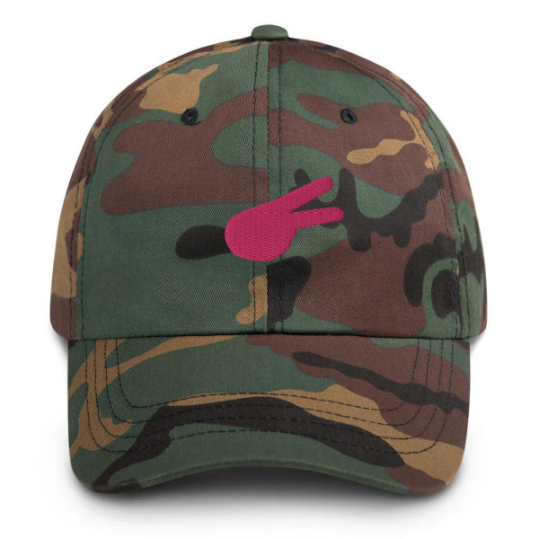 Dontrez Pink Solid Back Hand Peace Sign on Green Camouflage Baseball Cap