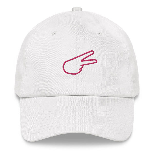 Dontrez Pink Back Hand Peace Sign Outline on White Baseball Cap
