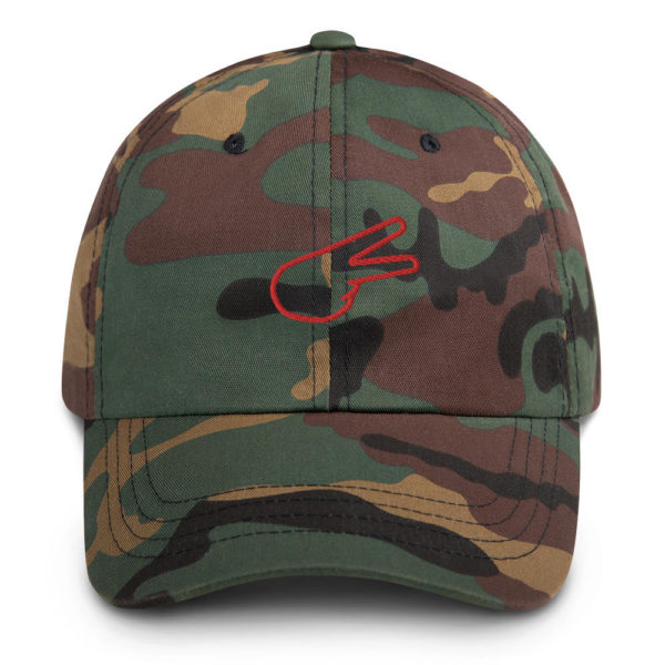 Dontrez Red Back Hand Peace Sign Outline on Green Camouflage Baseball Cap