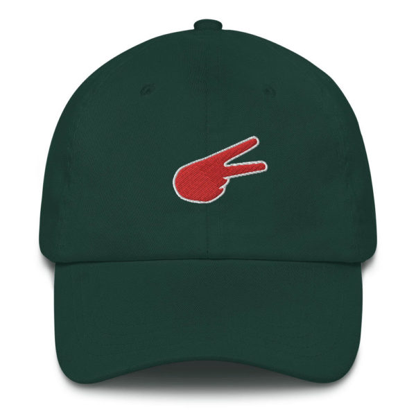 Dontrez Red Back Hand Peace Sign White Outline on Spruce Baseball Cap