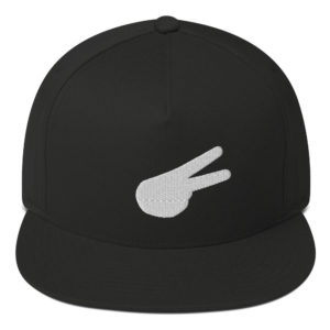 Back Hand Peace Sign White Solid Embroidered Flat Bill Cap
