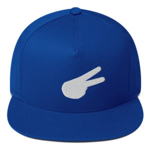 Back Hand Peace Sign White Solid Embroidered Flat Bill Cap