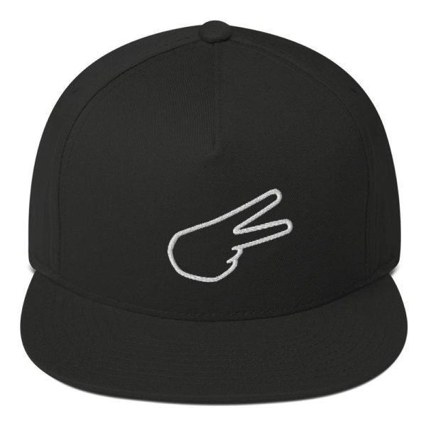 Dontrez White Back Hand Peace Sign Outline on Black Flatbill Cap